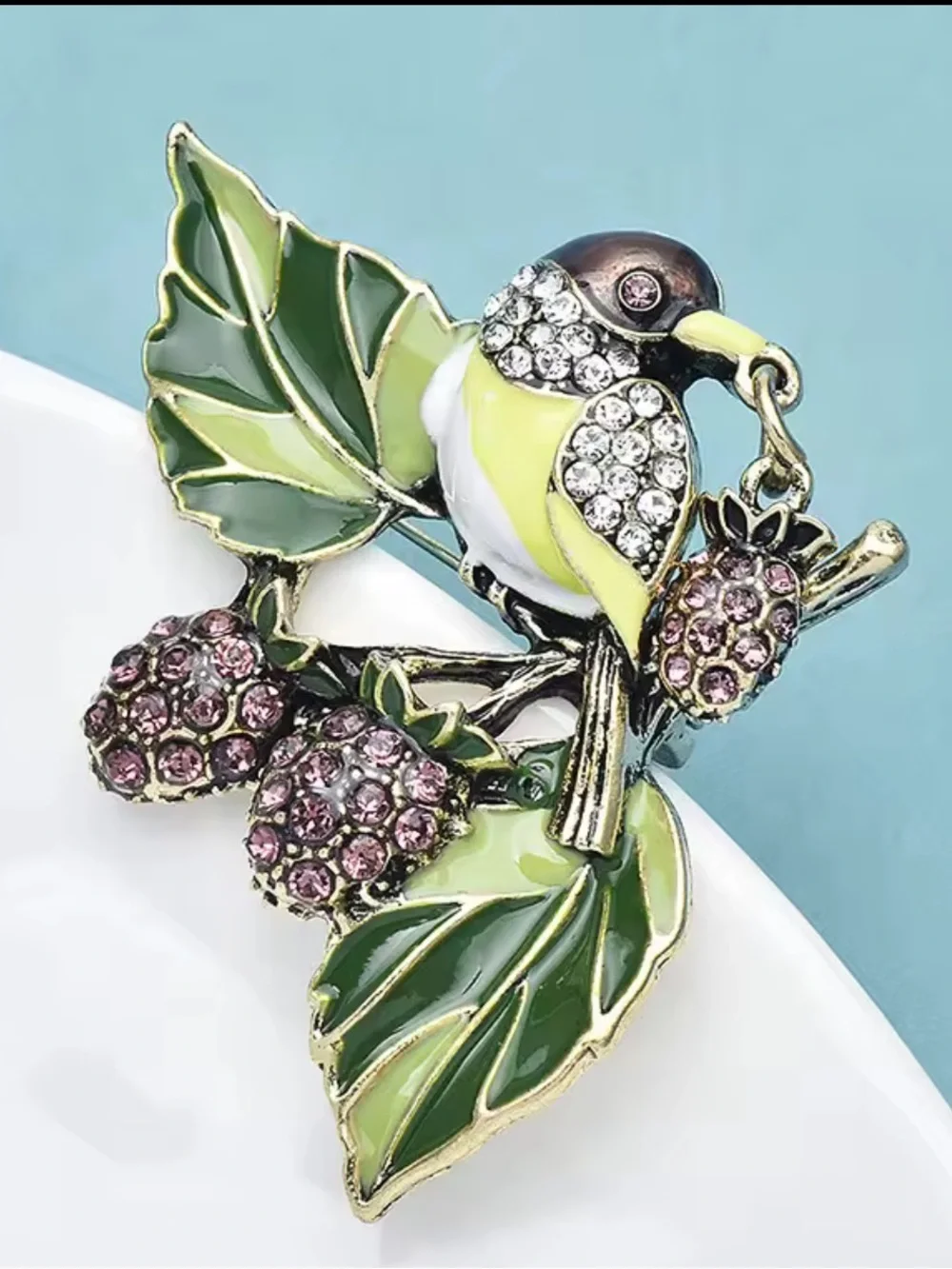Green Bird Berry Crystal Brooch